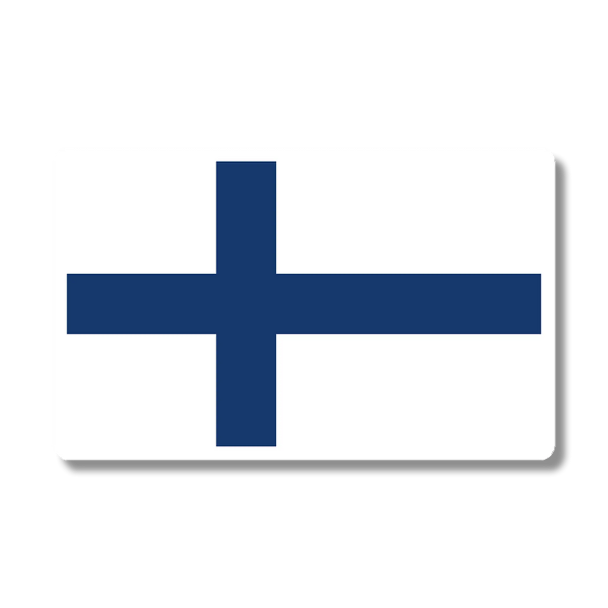 Decal showing the blue Nordic cross of Finland on a white background, placed on a light grey surface with a faint shadow visible beneath.