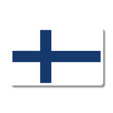 Decal showing the blue Nordic cross of Finland on a white background, placed on a light grey surface with a faint shadow visible beneath.