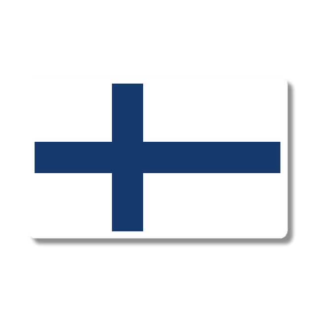 Decal showing the blue Nordic cross of Finland on a white background, placed on a light grey surface with a faint shadow visible beneath.