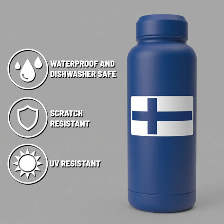Blue bottle with a Finnish flag sticker. Text notes features beside three icons: waterproof, dishwasher safe, scratch resistant, and UV resistant.