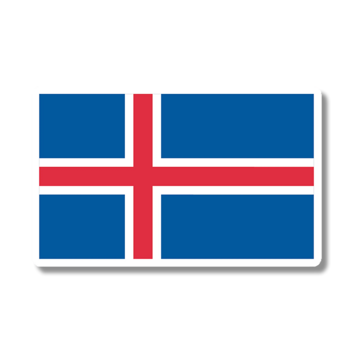 Sticker of the Icelandic flag, featuring a red cross outlined in white on a blue rectangular background.