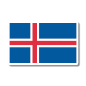 Sticker of the Icelandic flag, featuring a red cross outlined in white on a blue rectangular background.