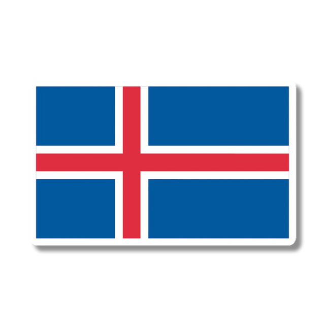Sticker of the Icelandic flag, featuring a red cross outlined in white on a blue rectangular background.