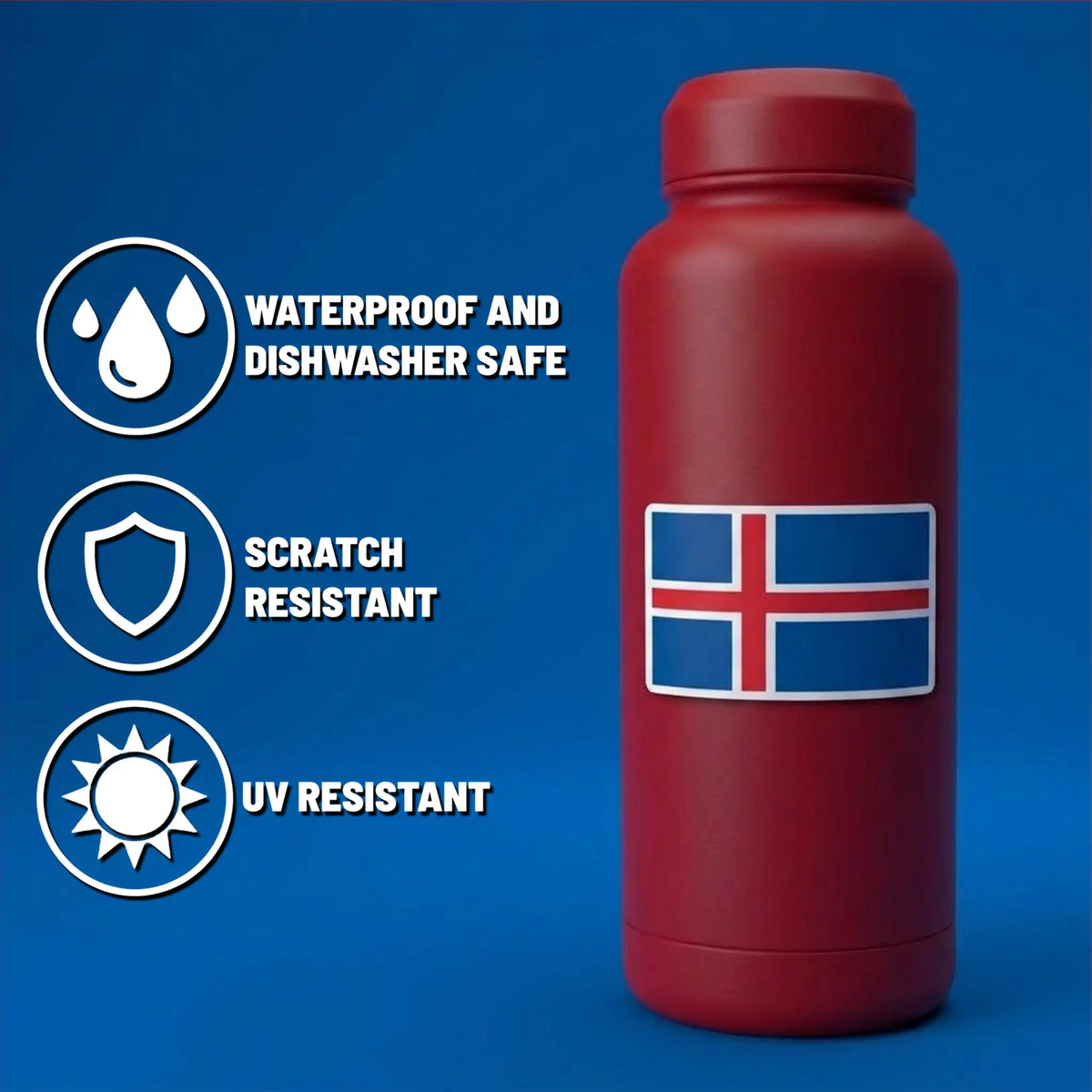 Red bottle with an Icelandic flag sticker. Icons for waterproof, dishwasher safe, scratch resistant, and UV resistant features appear on a blue background.