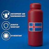 Red bottle with an Icelandic flag sticker. Icons for waterproof, dishwasher safe, scratch resistant, and UV resistant features appear on a blue background.
