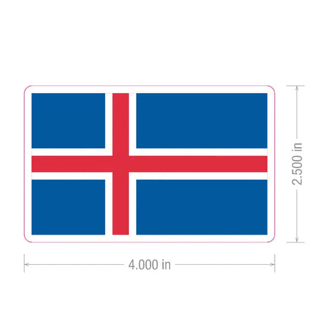 Rectangular Icelandic flag sticker showing a red cross outlined in white on a blue background, measuring 4 inches wide by 2.5 inches tall.