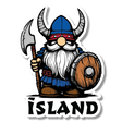 Cartoon Viking gnome with horned helmet, axe, and shield stands above the word “Island” on a sticker.