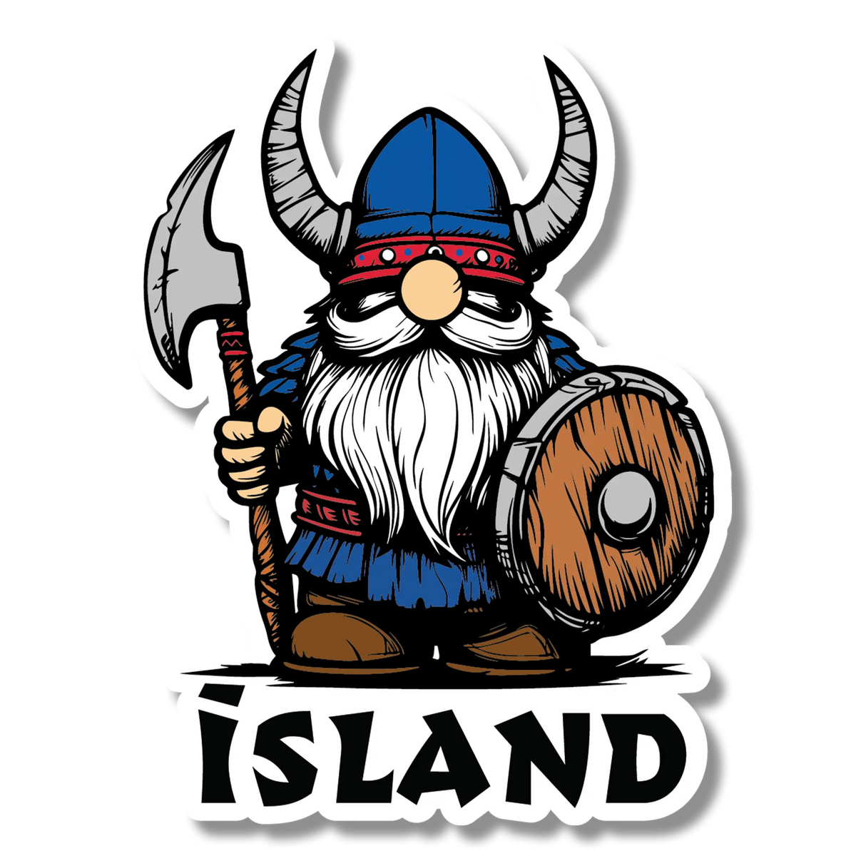 Cartoon Viking gnome with horned helmet, axe, and shield stands above the word “Island” on a sticker.
