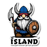Cartoon Viking gnome with horned helmet, axe, and shield stands above the word “Island” on a sticker.