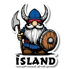 Cartoon Viking gnome with horned helmet, axe, and shield stands above the word “Island” on a sticker.
