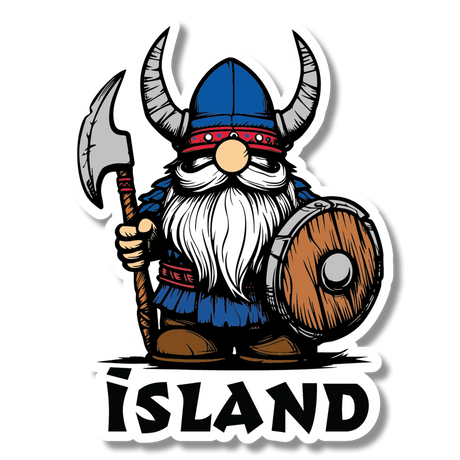 Cartoon Viking gnome with horned helmet, axe, and shield stands above the word “Island” on a sticker.