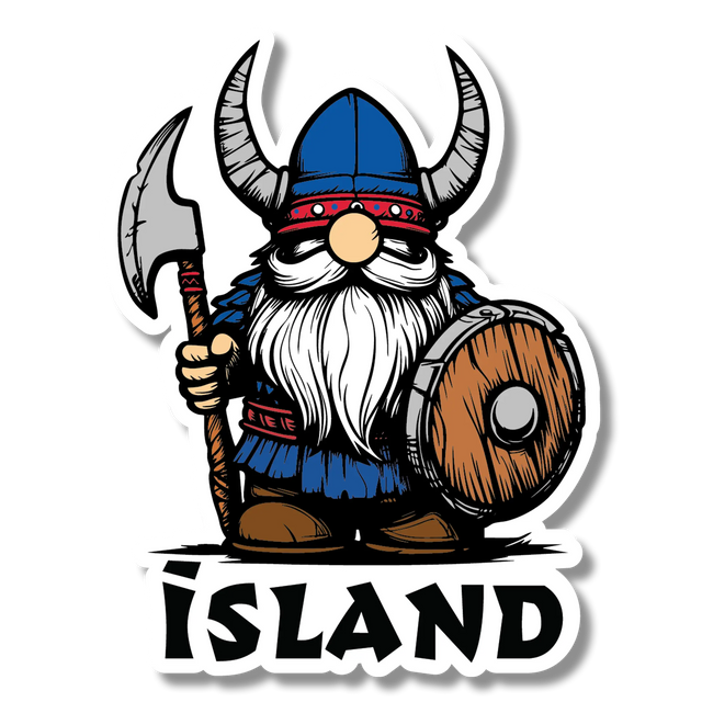 Cartoon Viking gnome with horned helmet, axe, and shield stands above the word “Island” on a sticker.
