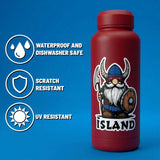Red bottle with an Iceland Viking Gnome sticker labeled “Island.” Text beside bottle reads: waterproof, dishwasher safe, scratch resistant, UV resistant. Blue background.
