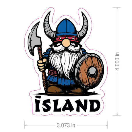 Sticker showing a cartoon Viking gnome with a horned helmet, holding an axe and shield, standing above the word “ISLAND.” Dimensions are 4 by 3.073 inches.