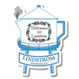 Blue and white sticker showing a water tower with floral accents, a ribbon reading Lindström Minnesota, and a steaming Swedish coffee pot spout on the left side.