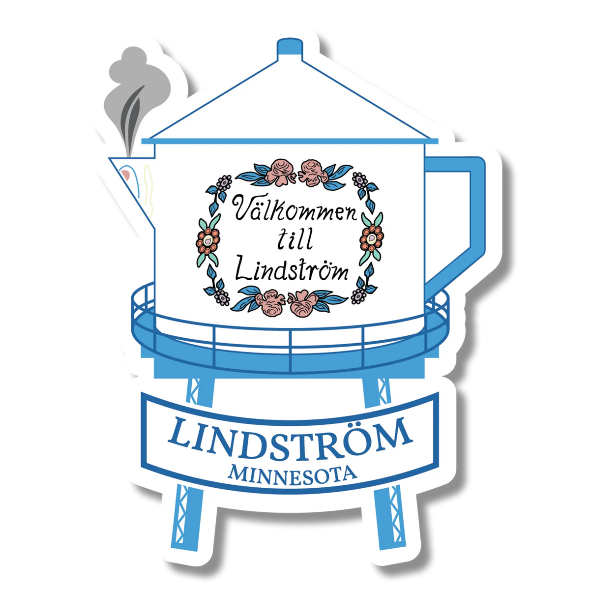 Blue and white sticker showing a water tower with floral accents, a ribbon reading Lindström Minnesota, and a steaming Swedish coffee pot spout on the left side.