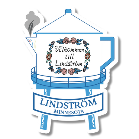 Blue and white sticker showing a water tower with floral accents, a ribbon reading Lindström Minnesota, and a steaming Swedish coffee pot spout on the left side.