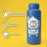 Blue water bottle featuring a Lindström Water Tower sticker and visible text: waterproof, dishwasher safe, scratch resistant, UV resistant.