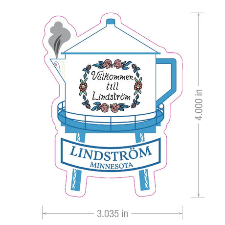 Sticker featuring the Lindström Water Tower in a teapot shape, with flowers and the texts “Välkommen till Lindström” and “Lindström Minnesota” in Scandinavian style.