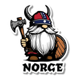 Sticker featuring a cartoon Norwegian Viking gnome with a horned helmet, red beard, axe, and shield, standing above bold uppercase letters spelling “NORCE”.