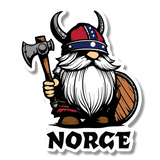 Sticker featuring a cartoon Norwegian Viking gnome with a horned helmet, red beard, axe, and shield, standing above bold uppercase letters spelling “NORCE”.