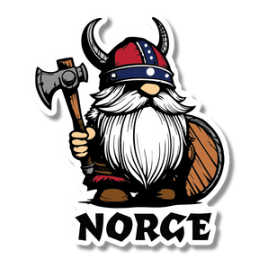 Sticker featuring a cartoon Norwegian Viking gnome with a horned helmet, red beard, axe, and shield, standing above bold uppercase letters spelling “NORCE”.