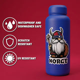 Blue bottle displaying a Viking cartoon and NORGE text, with small icons for waterproof, dishwasher safe, scratch resistant, and UV resistant on a red background.