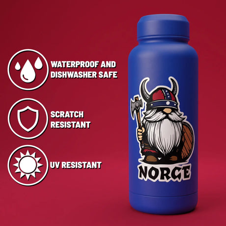 Blue bottle displaying a Viking cartoon and NORGE text, with small icons for waterproof, dishwasher safe, scratch resistant, and UV resistant on a red background.