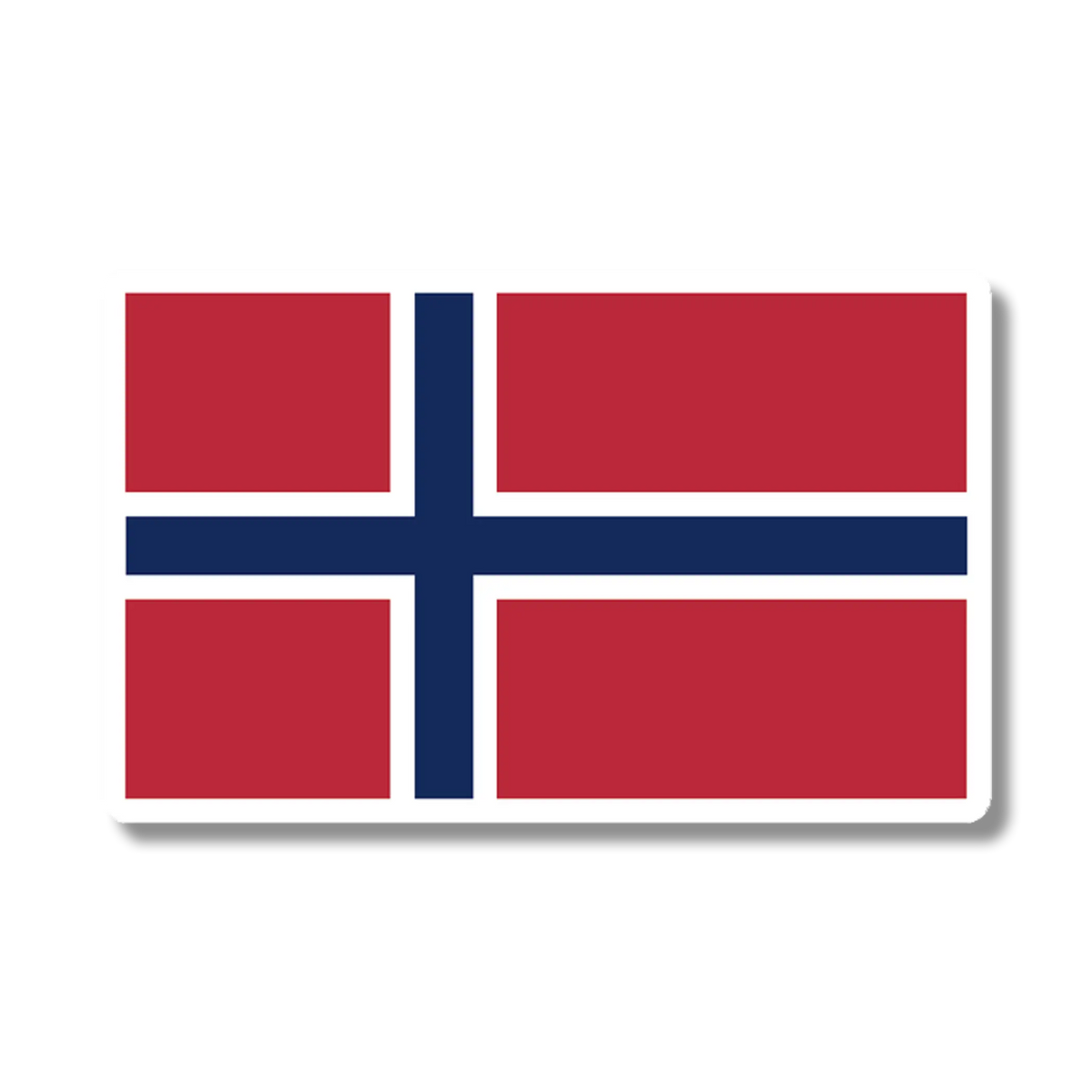 Rectangular sticker showing the Norwegian flag with a red background and an indigo blue Nordic cross outlined in white.