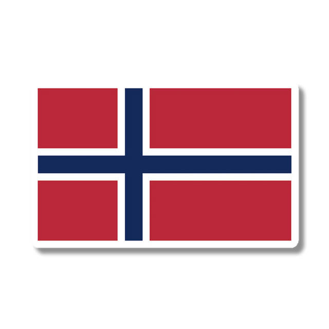 Rectangular sticker showing the Norwegian flag with a red background and an indigo blue Nordic cross outlined in white.