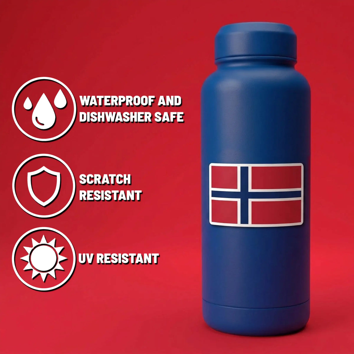 Blue bottle decorated with Nordic-themed stickers. Four small icons with text: waterproof, dishwasher safe, scratch resistant, and UV resistant.