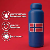 Blue bottle decorated with Nordic-themed stickers. Four small icons with text: waterproof, dishwasher safe, scratch resistant, and UV resistant.