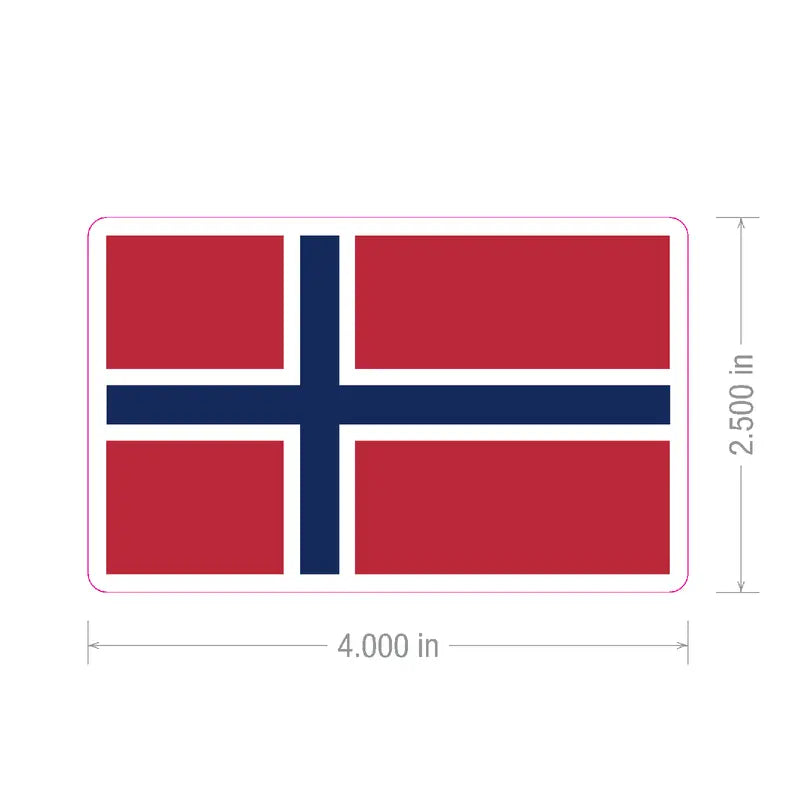 Rectangular sticker featuring the Norwegian flag, a blue cross outlined in white on a red background, measured at 4 inches wide by 2.5 inches tall.