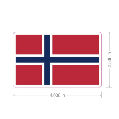 Rectangular sticker featuring the Norwegian flag, a blue cross outlined in white on a red background, measured at 4 inches wide by 2.5 inches tall.