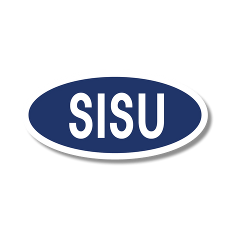 Dark blue oval sticker with bold white capital letters spelling “SISU” centered on the front.