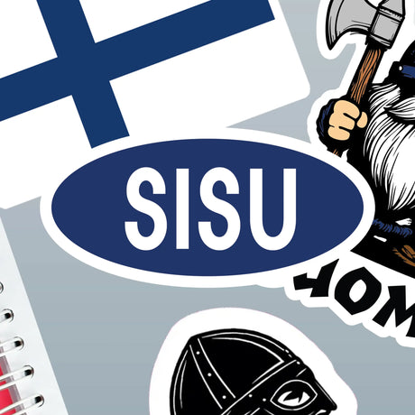 SISU sticker with bold white letters on blue, next to a Finland flag, a Viking helmet, and a bearded figure holding an axe.