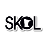 Sticker with the word “SKOL” in bold black letters; the “O” is replaced by a black silhouette of Minnesota.