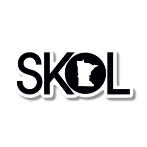 Sticker with the word “SKOL” in bold black letters; the “O” is replaced by a black silhouette of Minnesota.