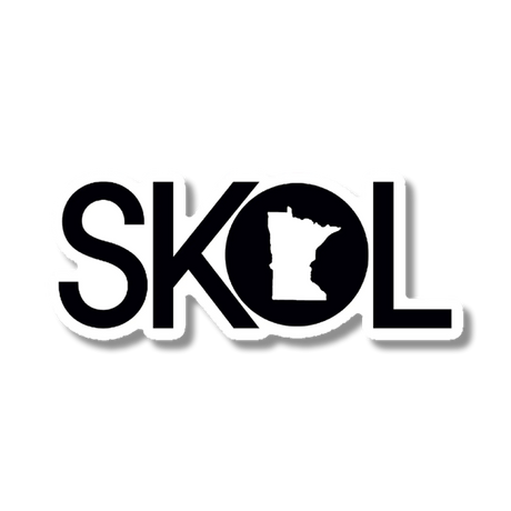 Sticker with the word “SKOL” in bold black letters; the “O” is replaced by a black silhouette of Minnesota.
