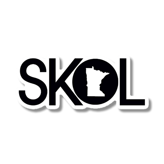 Sticker with the word “SKOL” in bold black letters; the “O” is replaced by a black silhouette of Minnesota.