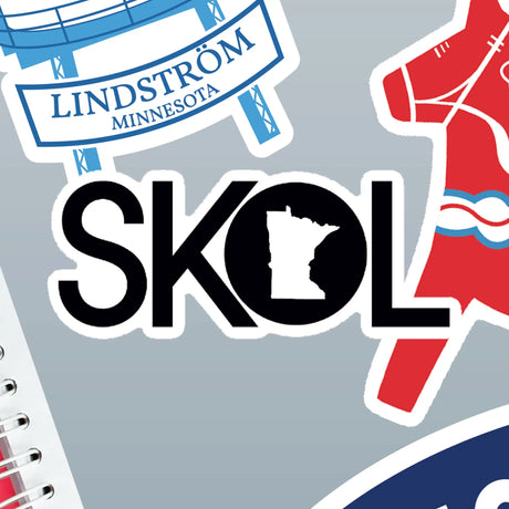 Sticker with “SKOL” in bold letters; the “O” contains a Minnesota silhouette. Surrounding are stickers featuring Minnesota icons and Viking imagery.