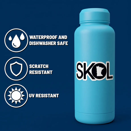 Blue water bottle with Viking-themed sticker icons and text reading: Waterproof, dishwasher safe, scratch resistant, and UV resistant on a dark blue background.