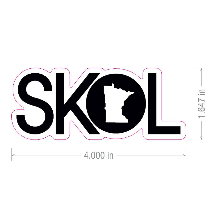 Sticker with black capital letters spelling SKOL; the O contains a silhouette of Minnesota. Dimensions: 4 inches wide by 1.647 inches tall.