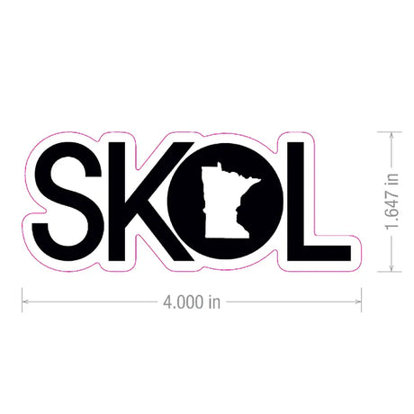 Sticker with black capital letters spelling SKOL; the O contains a silhouette of Minnesota. Dimensions: 4 inches wide by 1.647 inches tall.