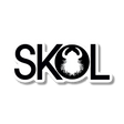 Sticker with bold letters spelling “SKOL”; the letter O contains a silhouette of a Viking helmet and beard, referencing Nordic culture.