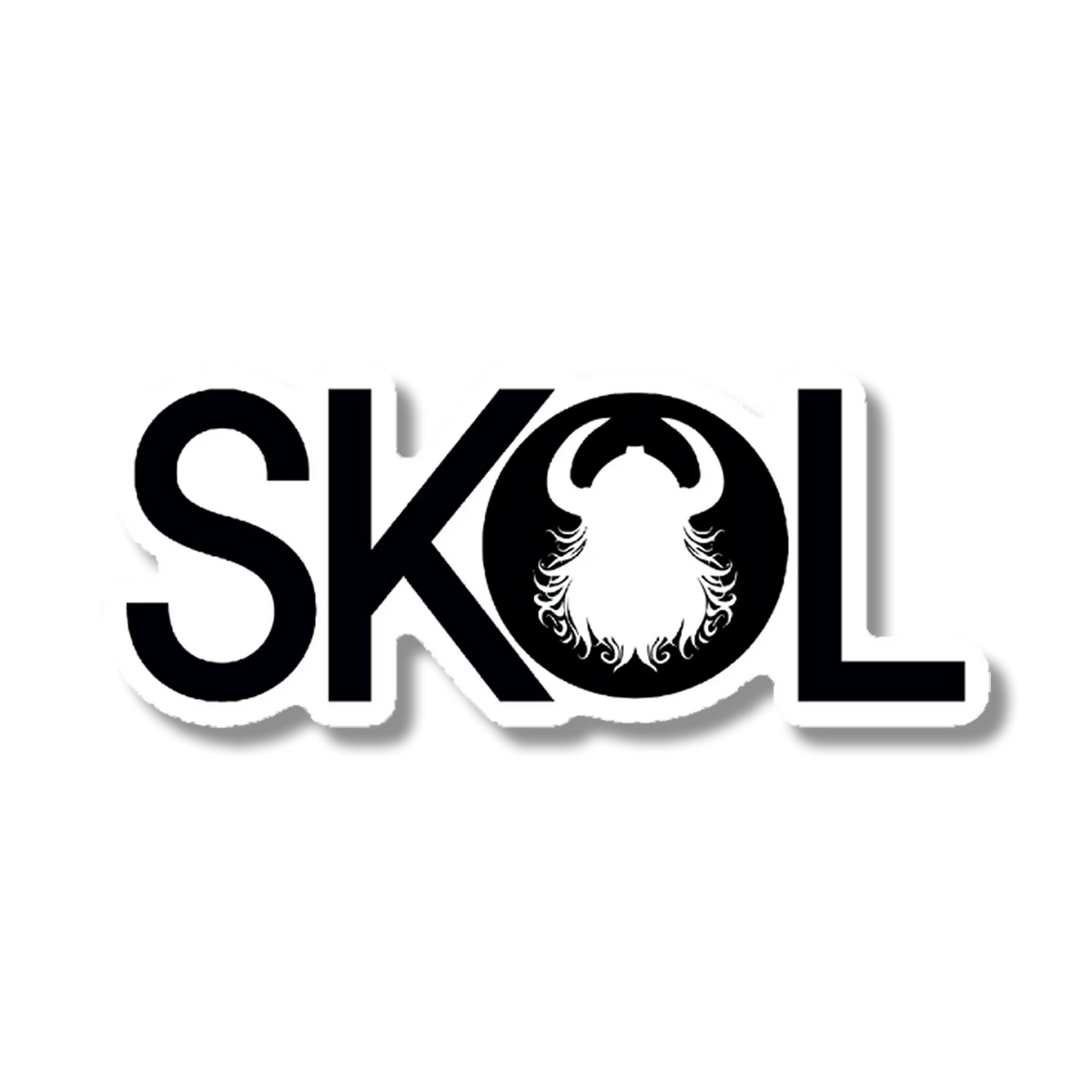 Sticker with bold letters spelling “SKOL”; the letter O contains a silhouette of a Viking helmet and beard, referencing Nordic culture.