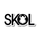Sticker with bold letters spelling “SKOL”; the letter O contains a silhouette of a Viking helmet and beard, referencing Nordic culture.
