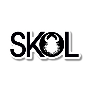 Sticker with bold letters spelling “SKOL”; the letter O contains a silhouette of a Viking helmet and beard, referencing Nordic culture.