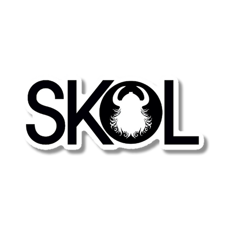 Sticker with bold letters spelling “SKOL”; the letter O contains a silhouette of a Viking helmet and beard, referencing Nordic culture.