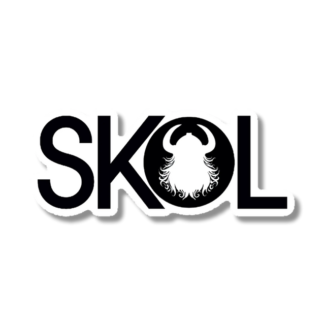 Sticker with bold letters spelling “SKOL”; the letter O contains a silhouette of a Viking helmet and beard, referencing Nordic culture.